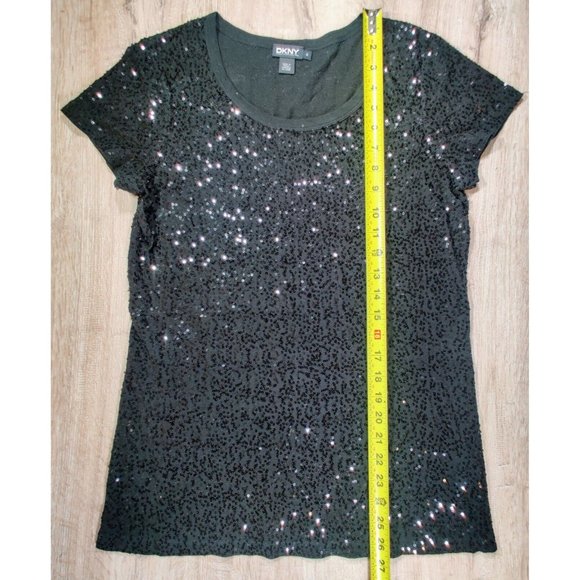 DKNY Sequined Short Sleeve Scoop Neck Shirt size M, Black - Picture 3 of 5